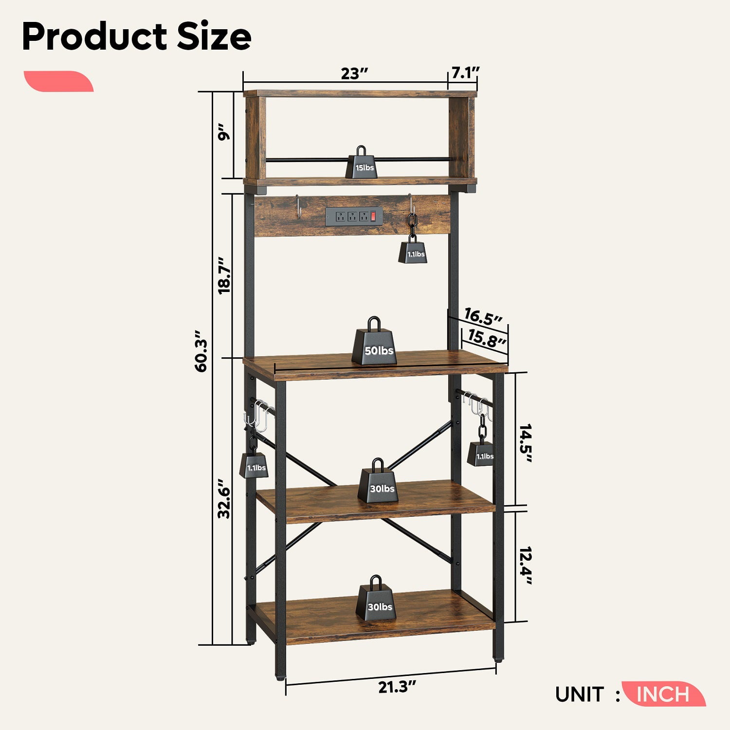 Bestier 60.3 inch 5-Tier Kitchen Bakers Rack with Power Outlets Wood Kitchen Utility Storage Shelf in Rustic