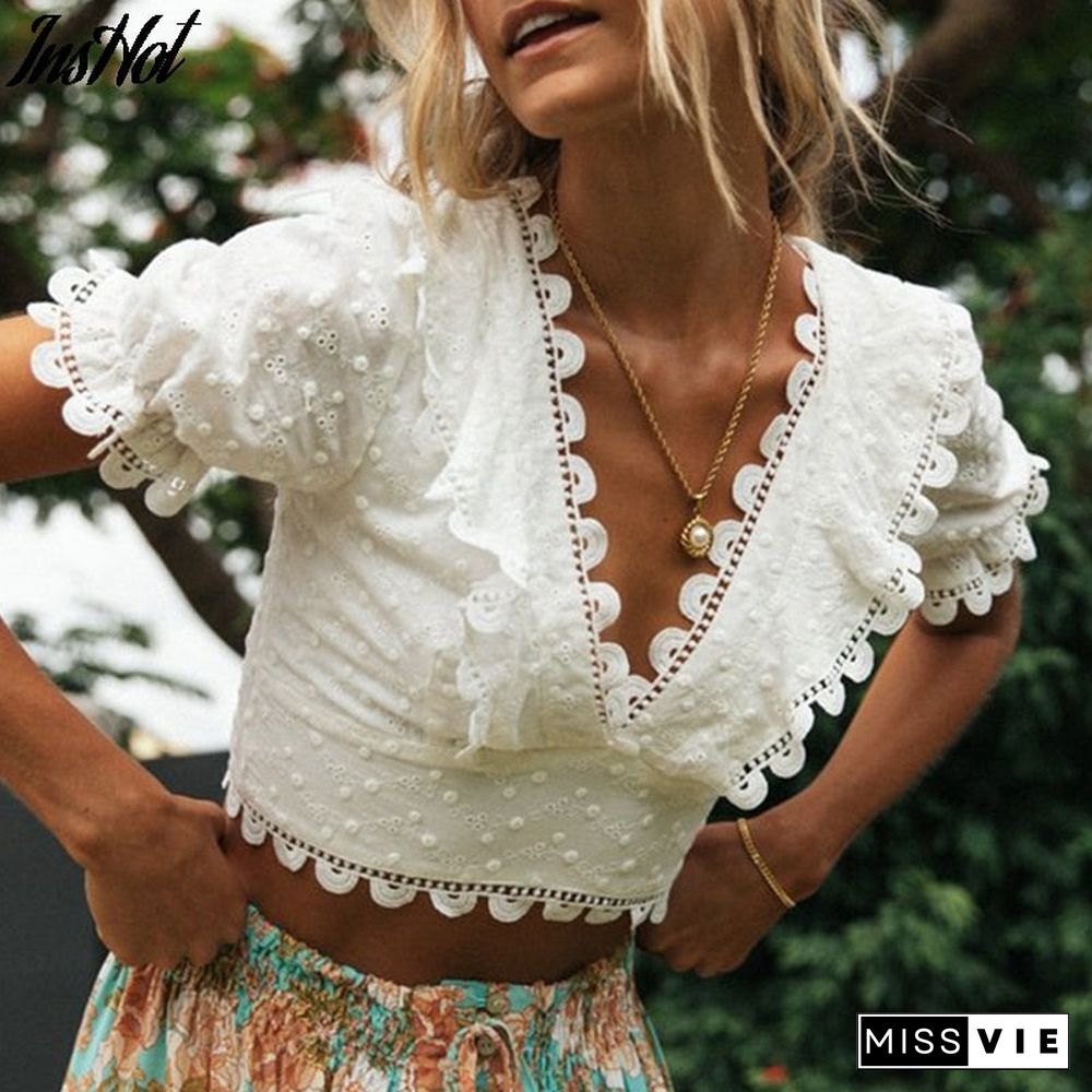 Lace Top Casual Sweet Embroidered Shirt Fashion High Waist Short Sleeve V-neck Puff Sleeve Elegant Women Bandage Blouses