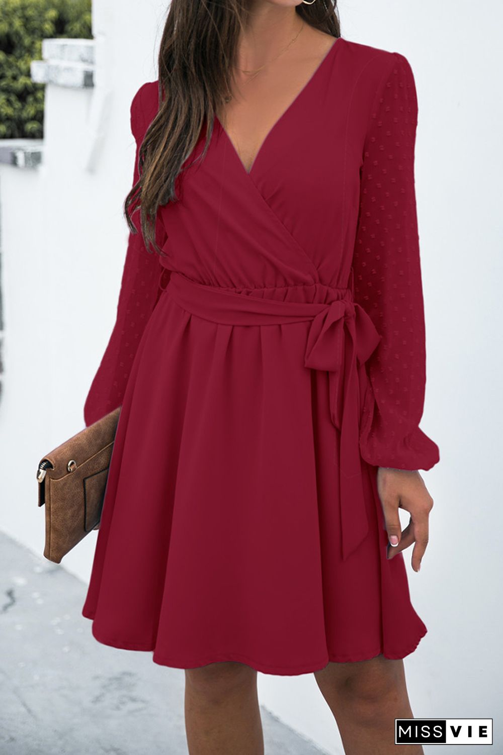 Solid Jacquard V Neck Lace-up Longsleeve Dress Wholesale