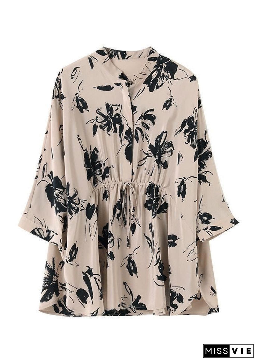 Slim Fit Beige Stand Collar Button drawstring Print Chiffon Shirt Spring