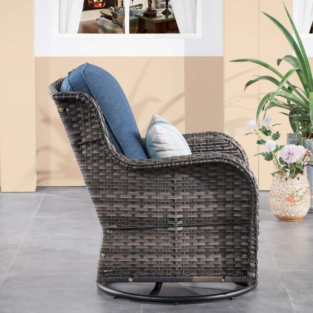 OVIOS Joyoung Gray 3Piece Wicker Outdoor Patio Conversation Seating Set with Denim Blue Cushions and Swivel Rocking Chairs