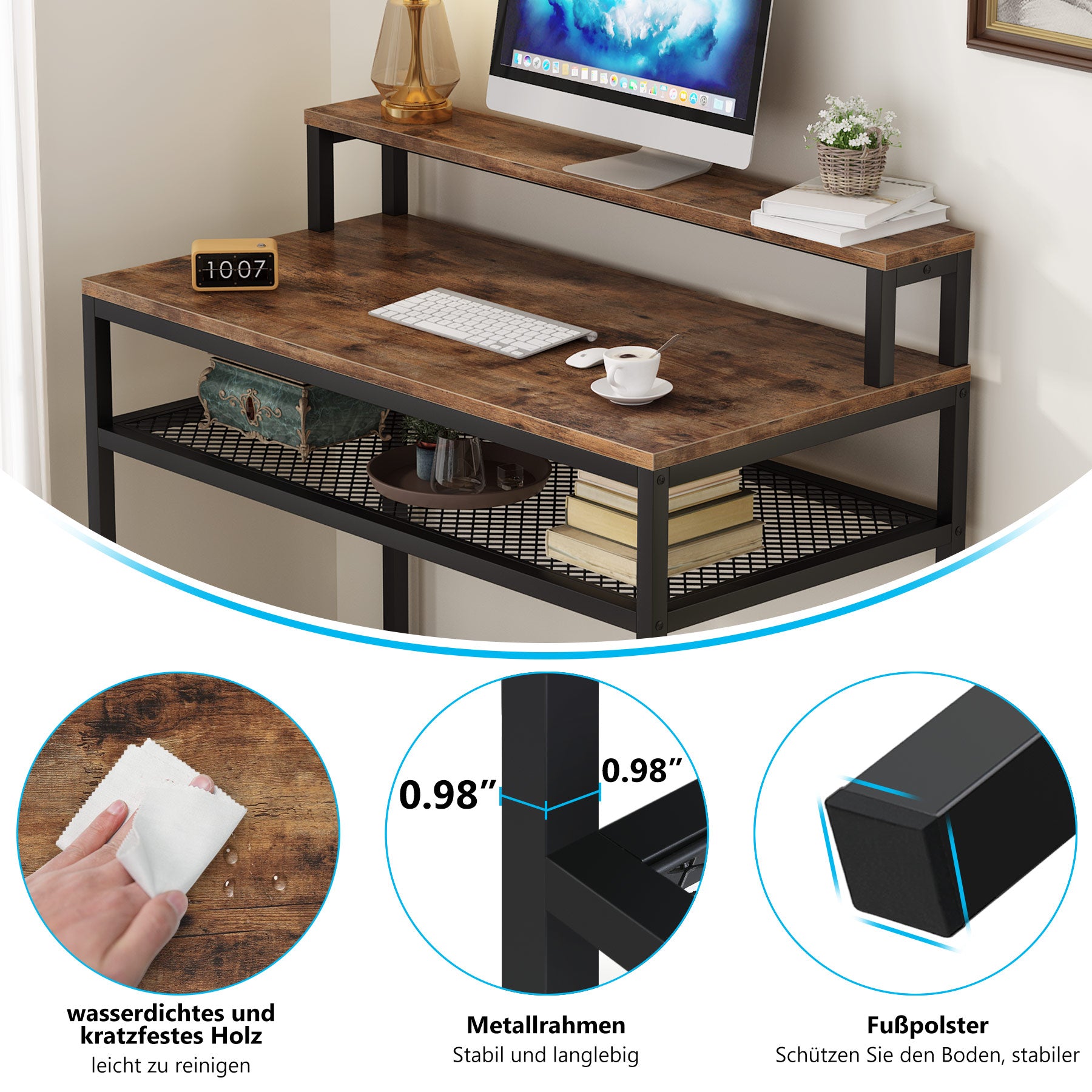 Industrial Computer Desk Writing Desk with Monitor Stand