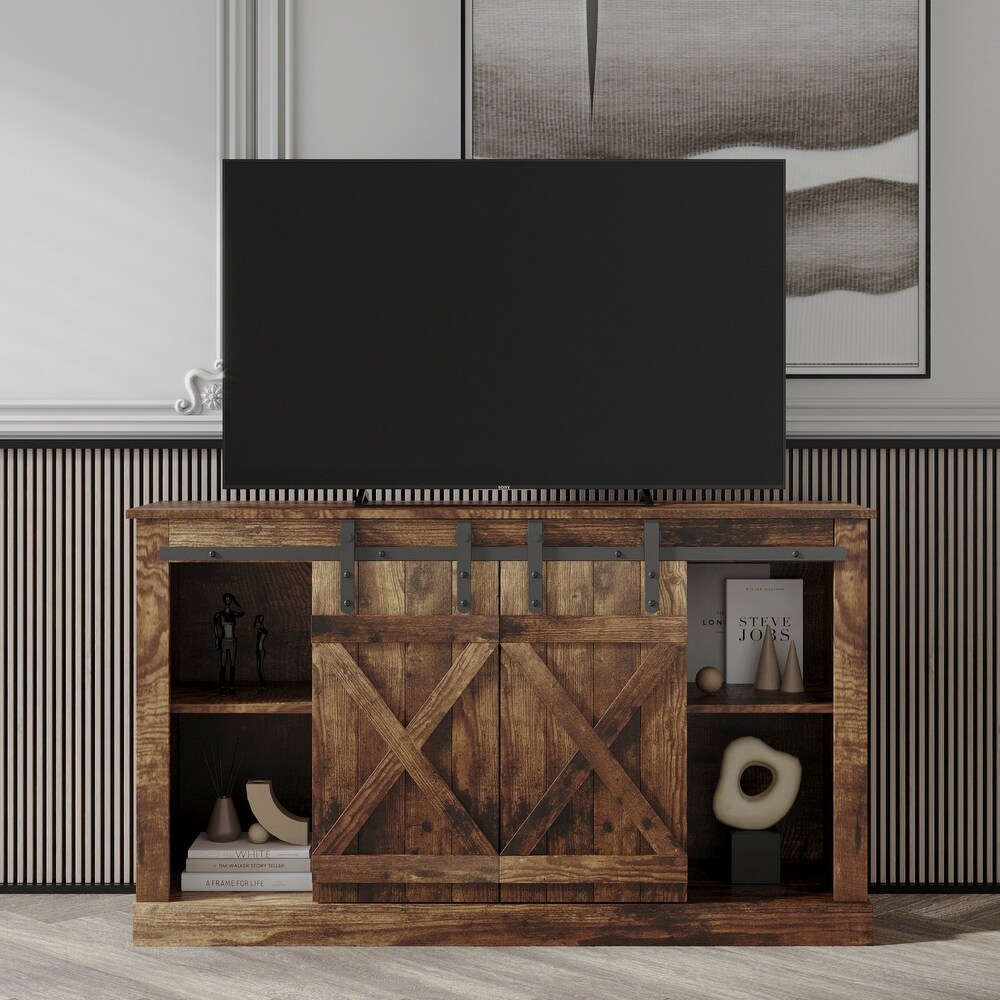 Farmhouse Sliding Barn Door TV Stand TV to 65 Inch Flat Screen TV Media Console Table Storage Cabinet Wood Entertainment Center