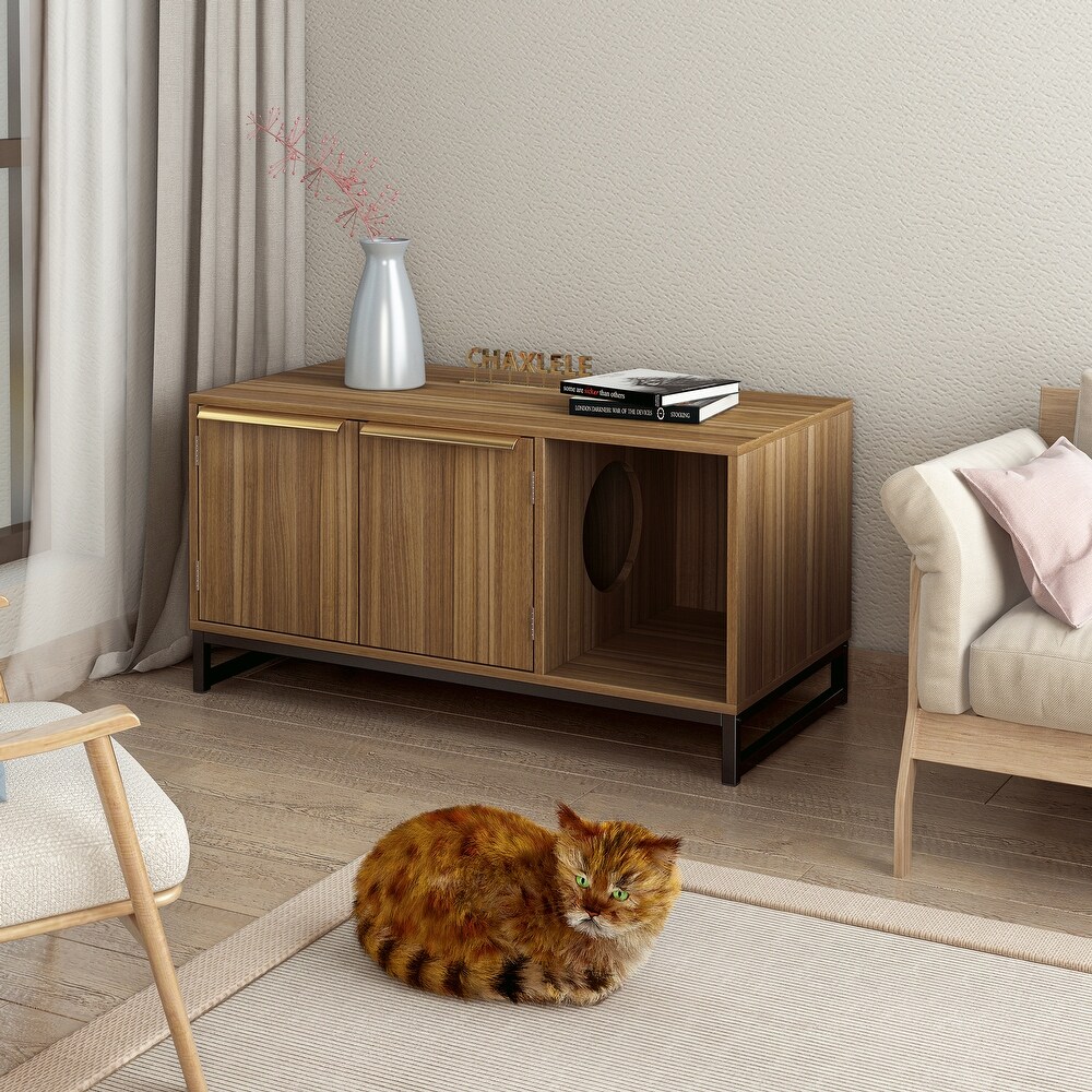 2 in 1 TV Stand  TV Console Table and Cat House w/ Storage   Board Pet House w/ 2 Doors and Metal Base for Living Room  Walnut