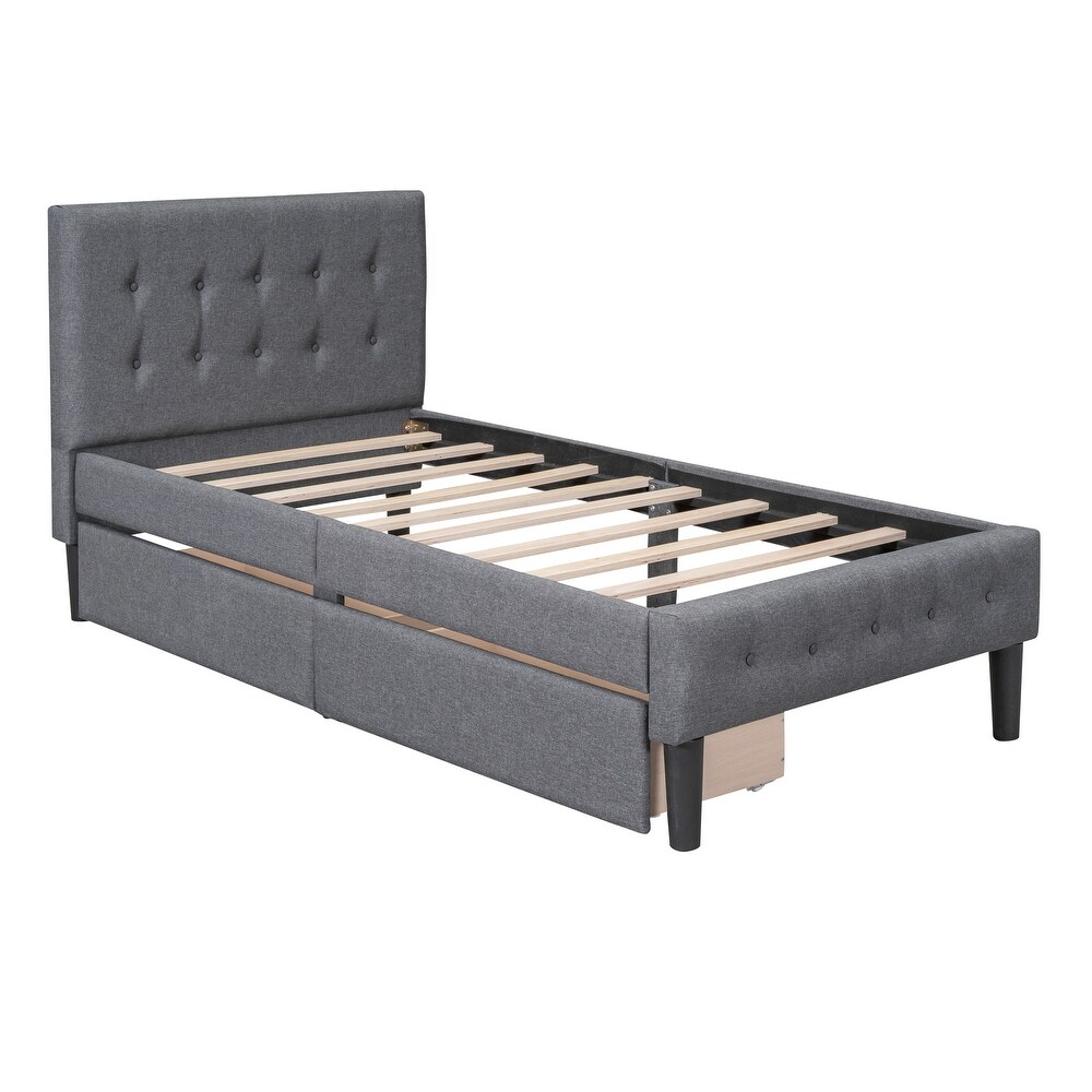 Solid   Sturdy Twin Size Upholstered Platform Bed with 2 Drawers