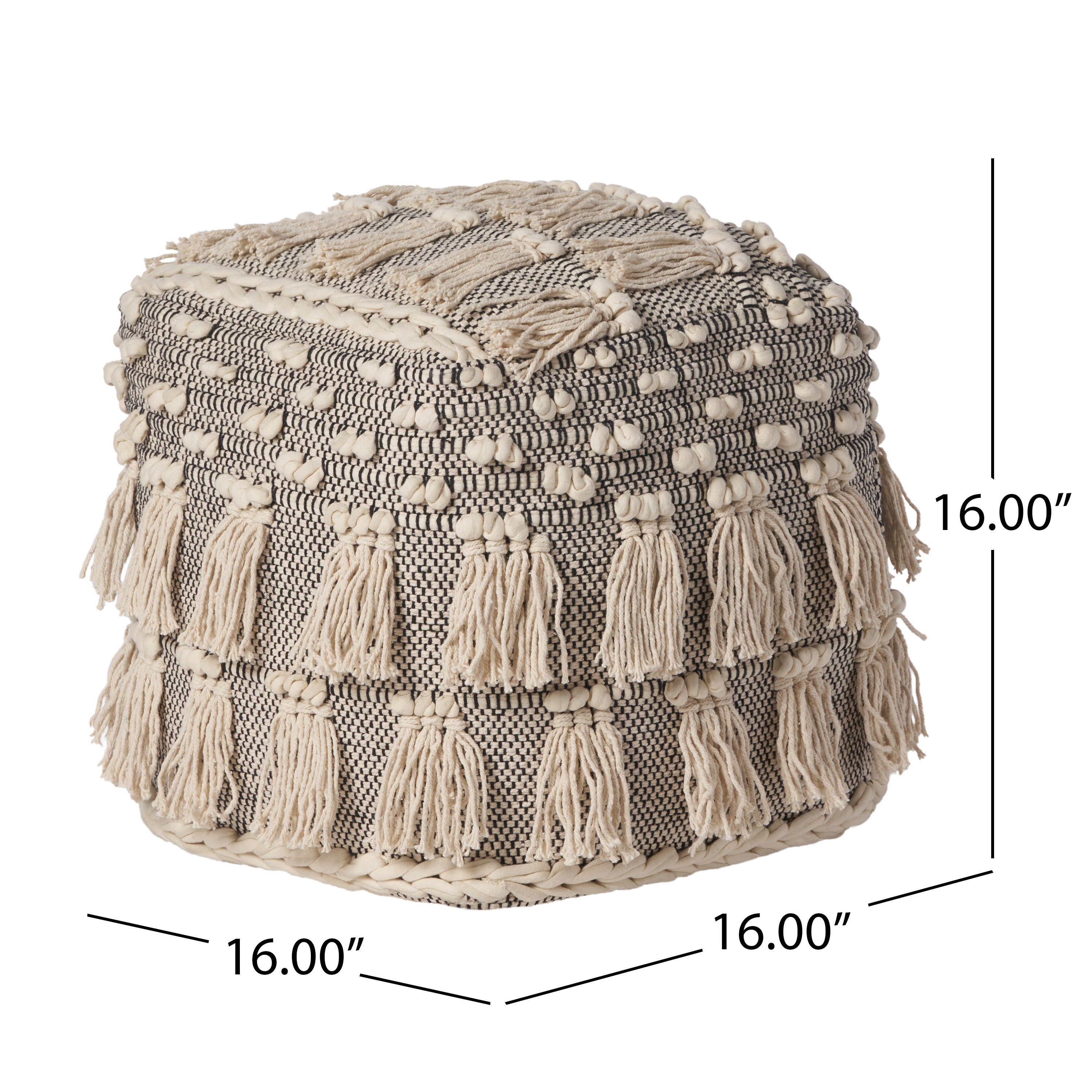 Arcola Handcrafted Boho Fabric Cube Pouf with Tassels