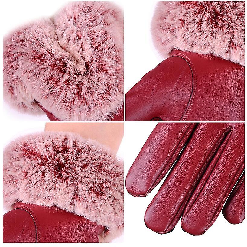 Women Winter Gloves Faux Rabbit PU Leather Touch Screen Mittens Lady Female Outdoor Driving Warm Gloves