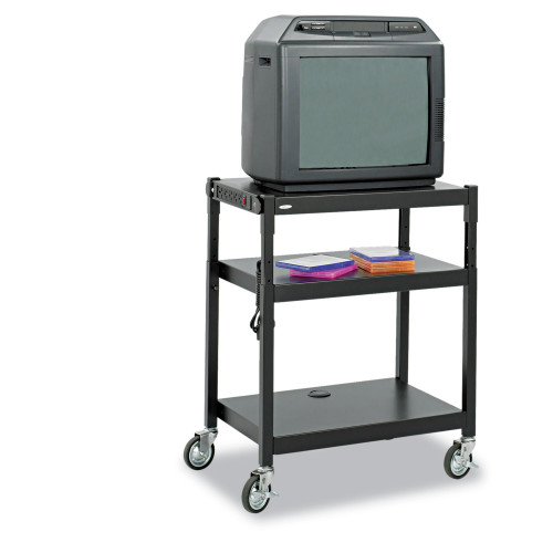 Safco Adjustable-Height Steel AV Cart， Metal， 3 Shelves， (5) AC Outlets， 120 lb Capacity， 27.25