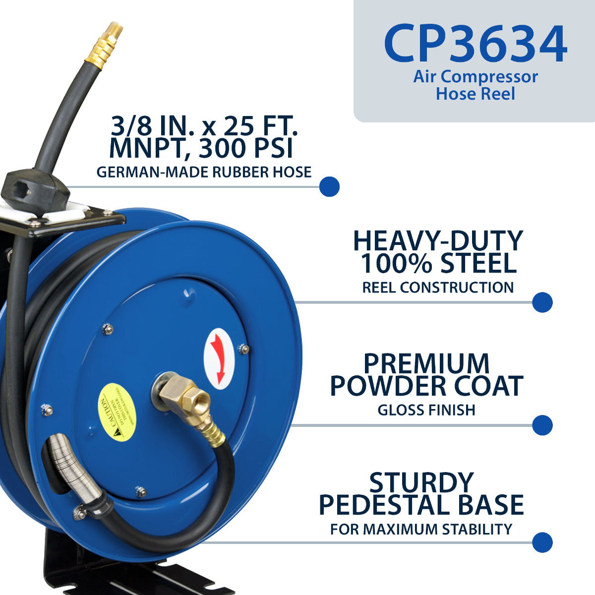 Cyclone Pneumatic 0.375in. x 25ft 300 PSI Retractable Air Hose Reel with Rubber Hose