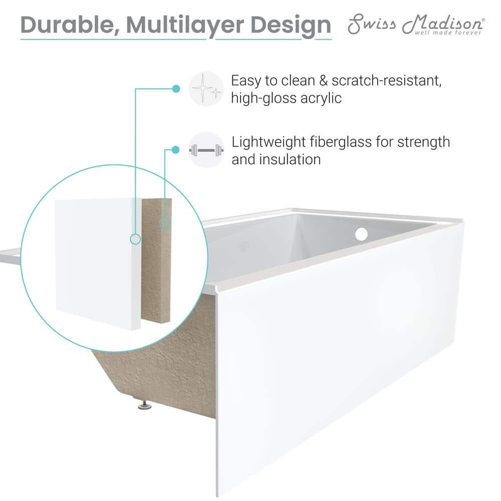 Swiss Madison 48 in x 32 in Right Drain Rectangular Alcove Bathtub in White