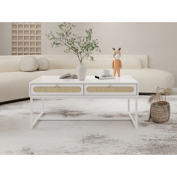 2 Rattan Drawer Coffee Table，Modern Furniture Decor，for Living Room Reception，Rectangular Unique Coffee Table