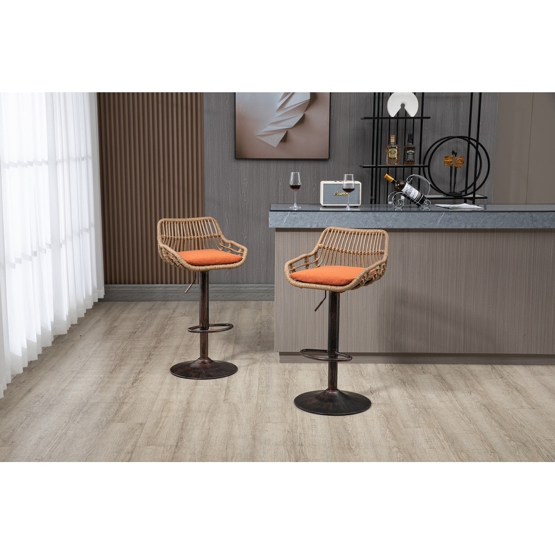 Modern Bar Stool Set of 2  Rattan Barstools Height Adjustable Bar Chairs Swivel Barstools with Footrest for Kitchen  Dining Room