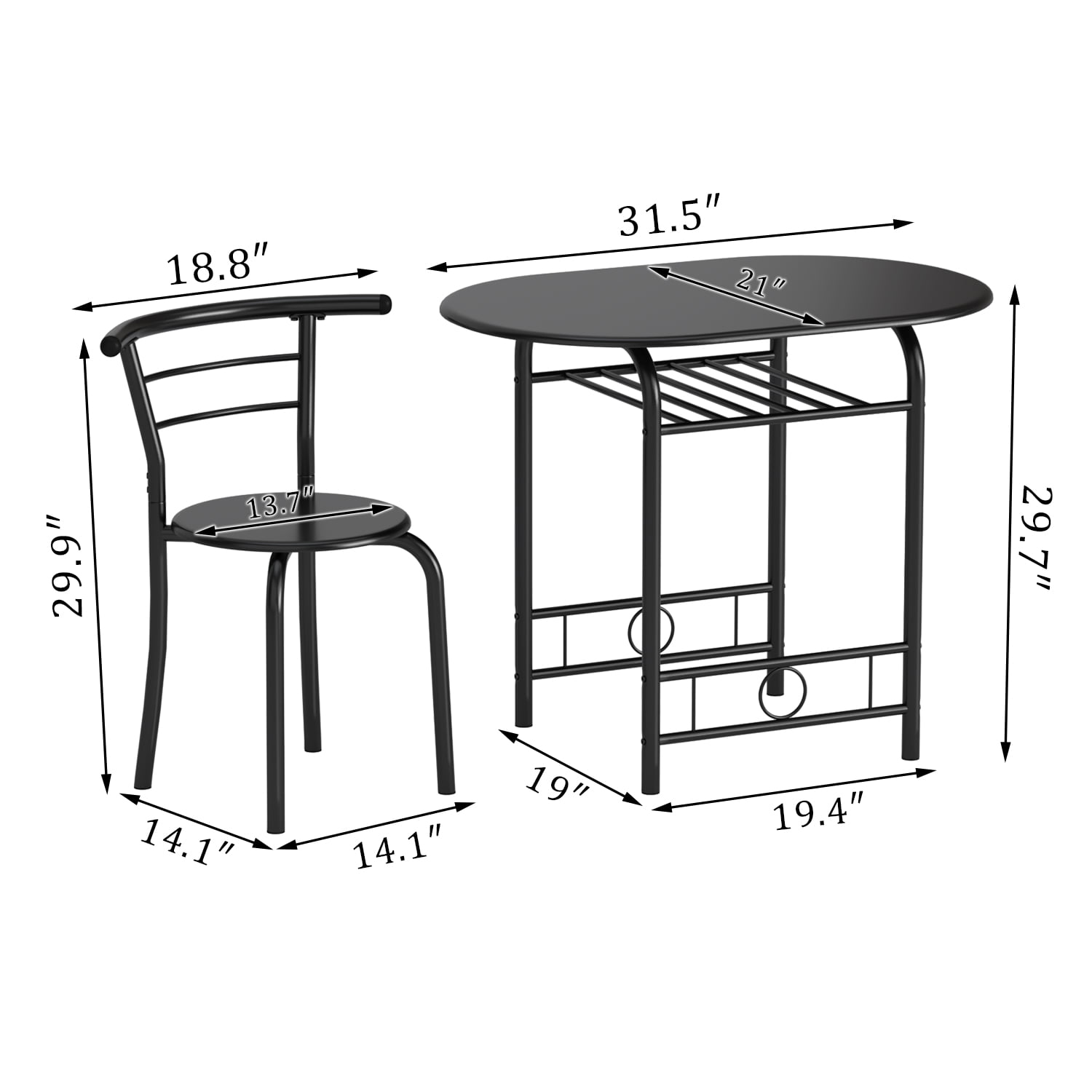 Furmax 3 Piece Wood and Metal Dining set, Small dining table for 2 ,for Living Room, Dining Room, Kitchen,Black/Natural