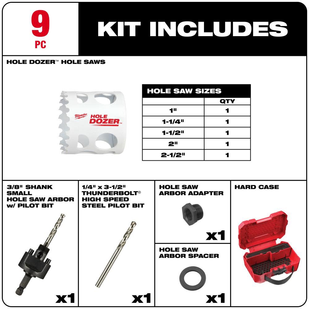 MW HOLE DOZER Large Diameter Hole Saw Kit 9pc 49-22-4009 from MW