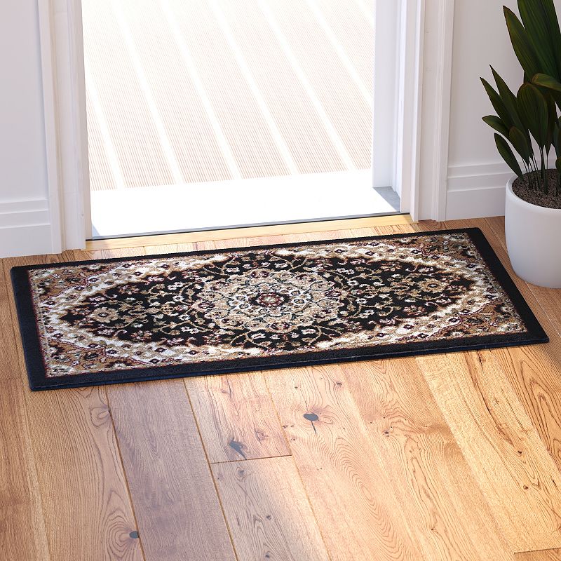 Masada Rugs Masada Rugs Bellagio Collection 2'x3' Traditional Oriental Door Mat Area Rug in Black - Design B401