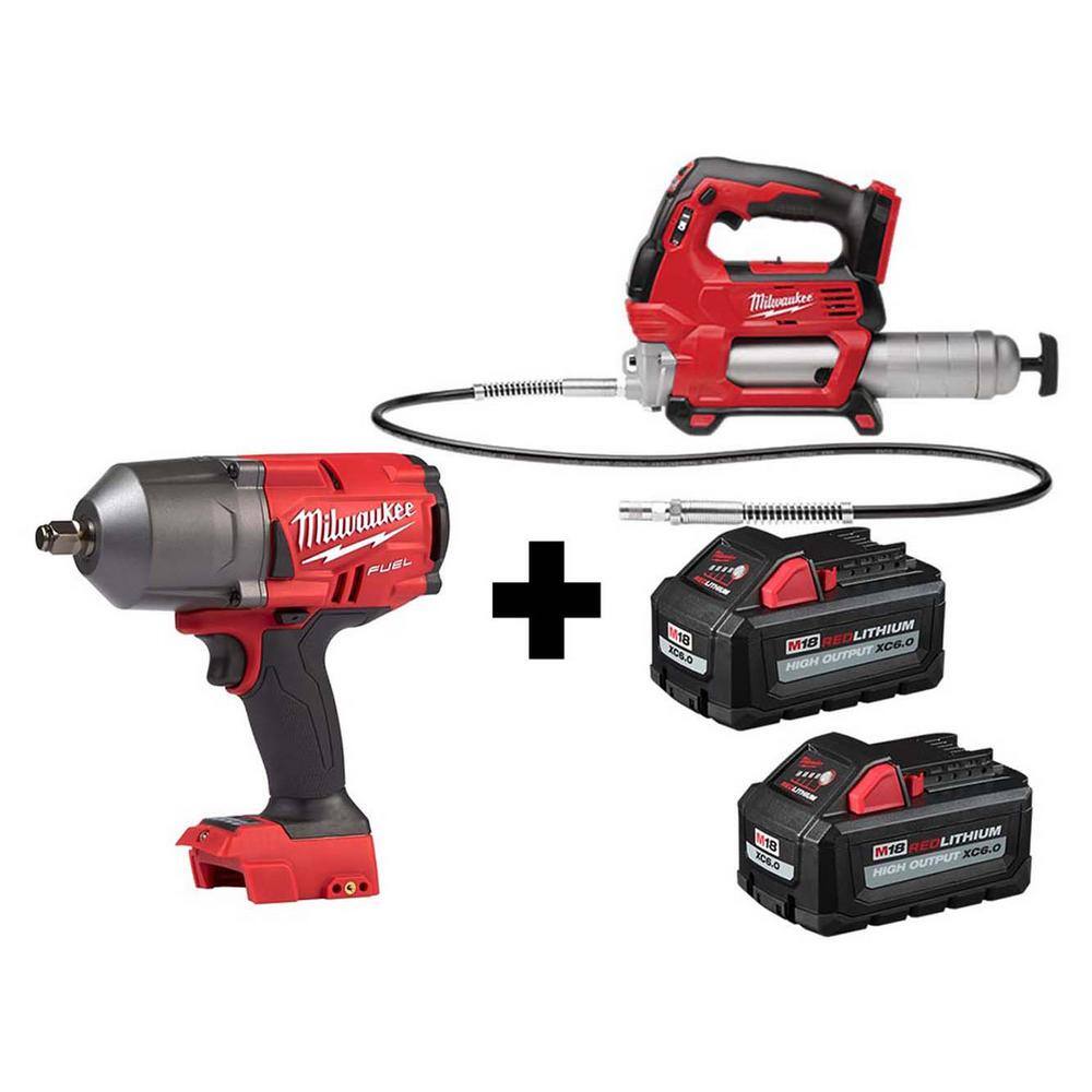 MW M18 FUEL 18V 12 in. Lithium-Ion Brushless Cordless Impact Wrench with Friction Ring  Grease Gun with Two Batteries 2767-20-2646-20-48-11-1862