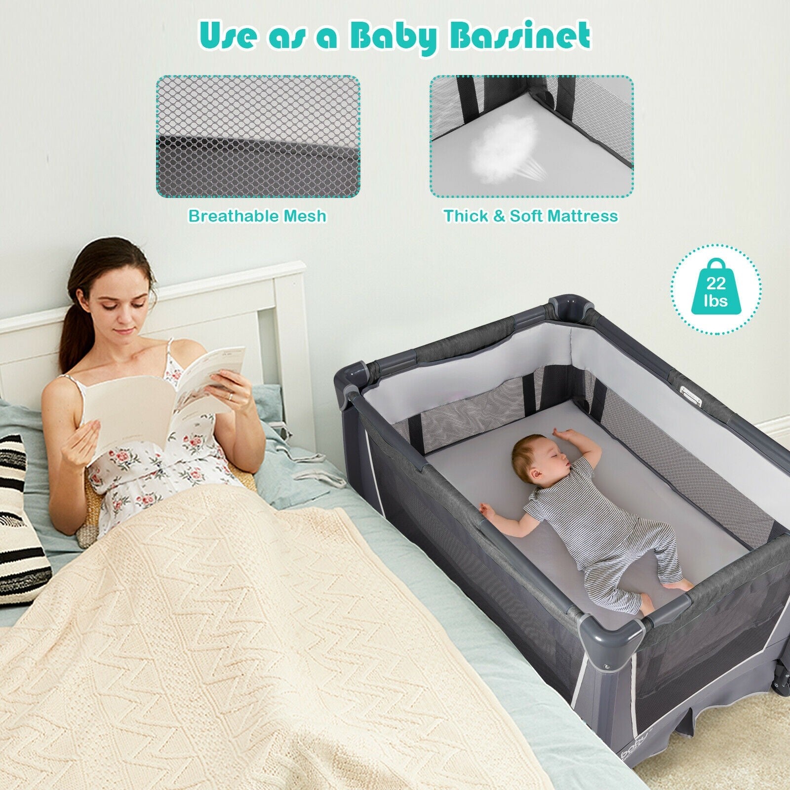 BABY JOY 4 in 1 Nursery Center, Foldable Pack and Play w/Bassinet, Changing Tabl (Space Gray)