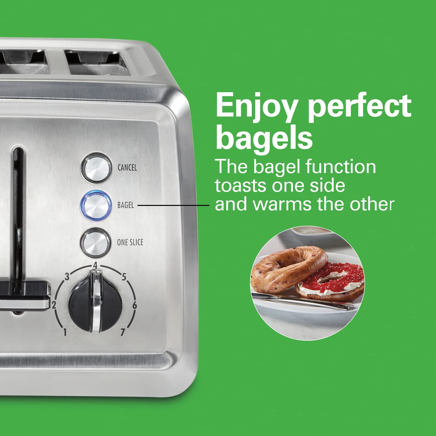 Hamilton Beach Toaster with Extra-Wide Slots， Sure-Crisp Technology， Bagel Setting， Toast Boost， Slide-Out Crumb Tray， Auto-Shutoff and Cancel Button， 4-Slice， Stainless Steel (24798)