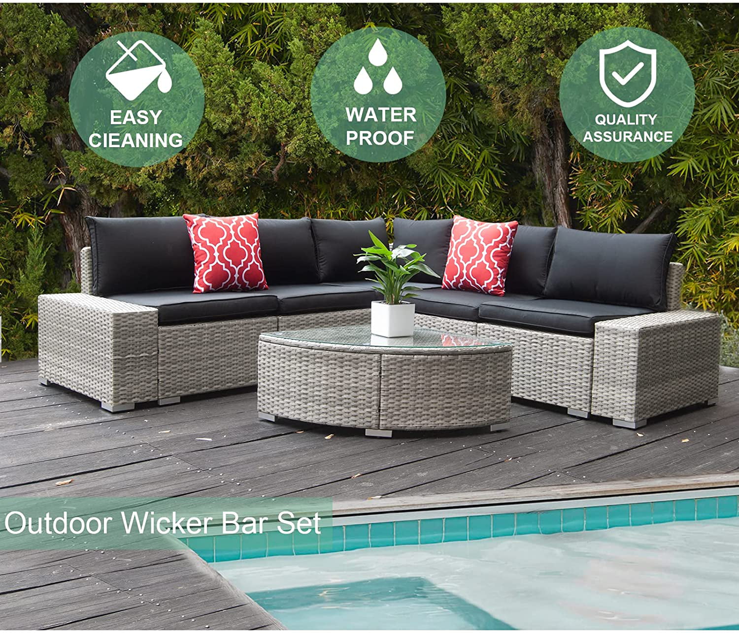 Polar Aurora 6-Pieces Patio Furniture Set Outdoor Sofa Conversation Couch with Glass Coffee Table - Black/Gray