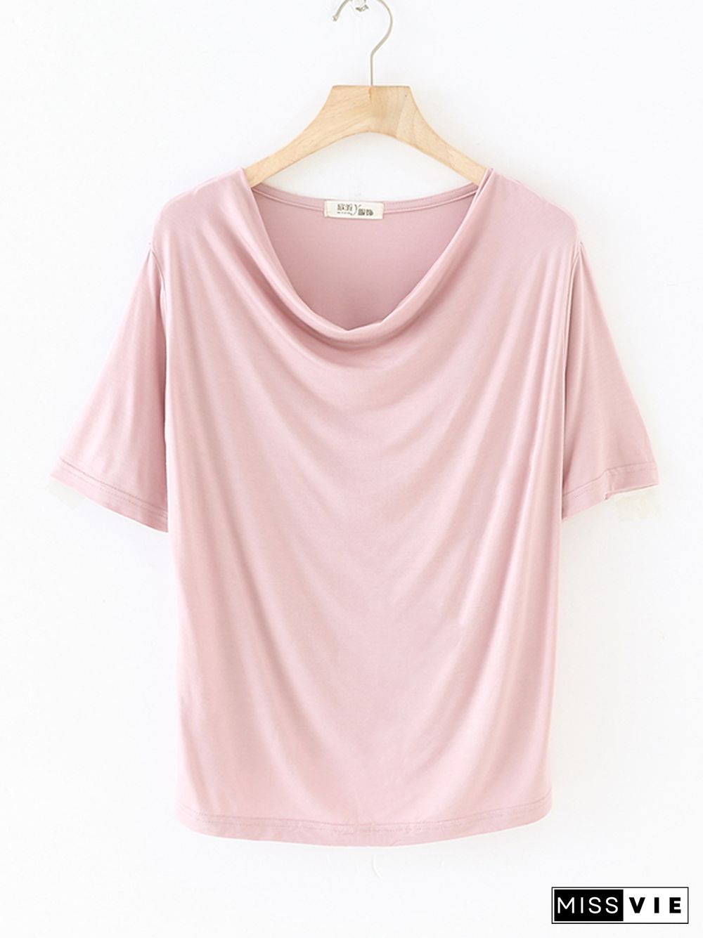 Short Sleeves Pleated Solid Color Heaps Collar T-Shirts Tops