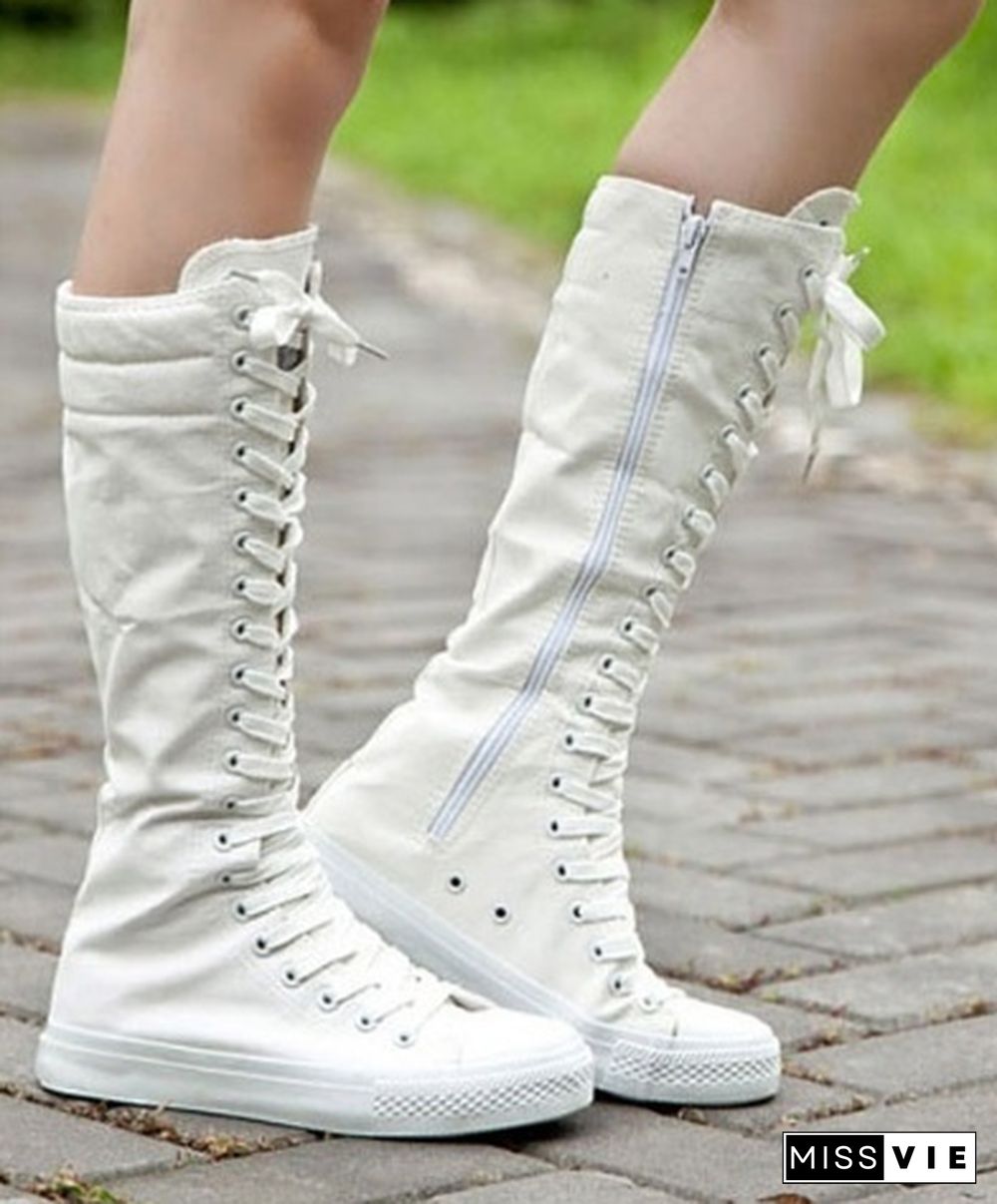 Womens Knee High Boots Flat Ankle Snow Dance Lace Up Canvas Long Boots Plus Size Color Black White Boots