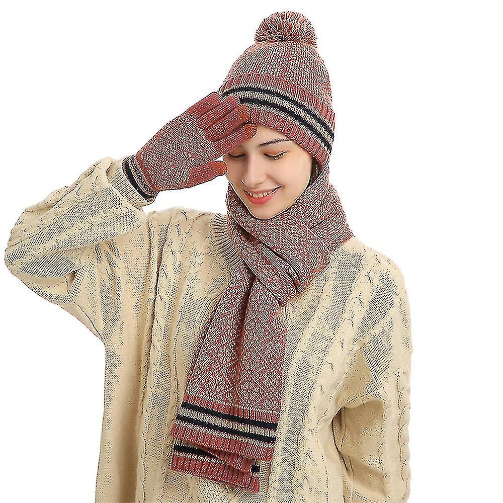 Women Scarf Gloves Hat Set Beanie Cap Touch Screen Gloves Long Scarf