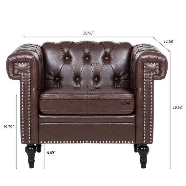 Livingroom Accent Chair， 1 Seater PU Cover Sofa Armchairs Rolled Arms Chairs Lounge Chairs with Nailheads for Bedroom， Brown PU