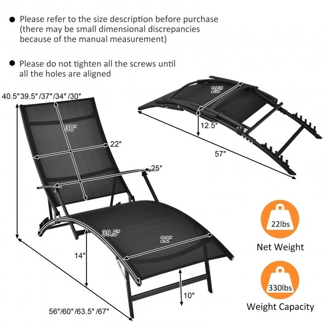 2 Pieces Patio Folding Stackable Lounge Chair Chaise with Armrest Black   67\