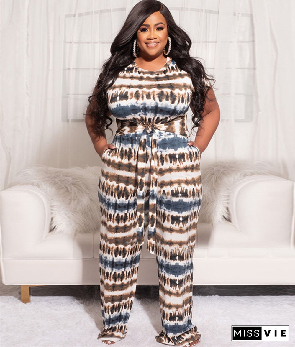 Plus Size Tie Dye Short Sleeve T Shirt Full Pants Suit