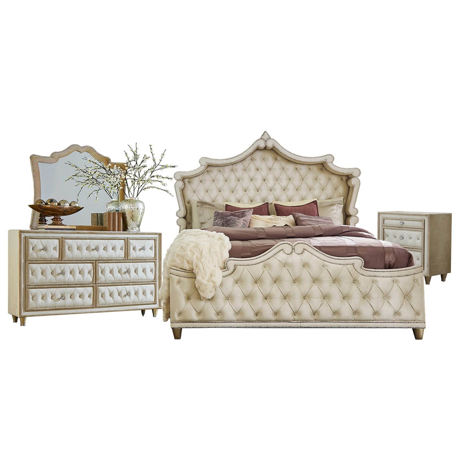 Upholstered California King Bedroom Set in Ivory and Camel - - 36135790