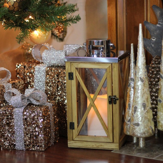 Rustic Wood And Stainless Steel Lantern With Led Flameless Pillar Candle With Timer