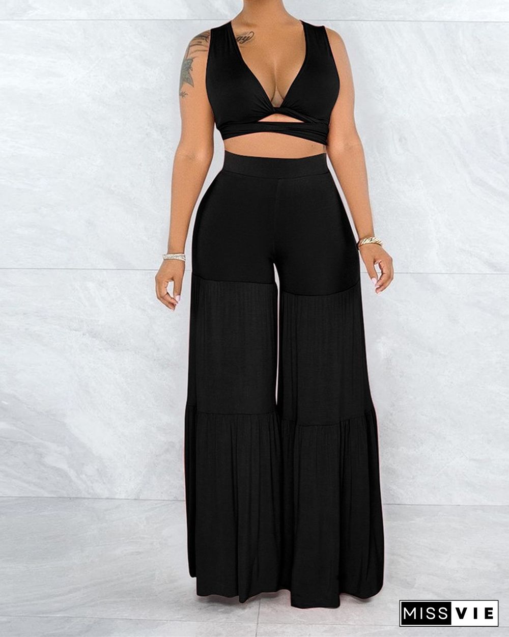 Solid Color Lace-up Ruched Tank Top With Wide Leg Pants Suit Sets