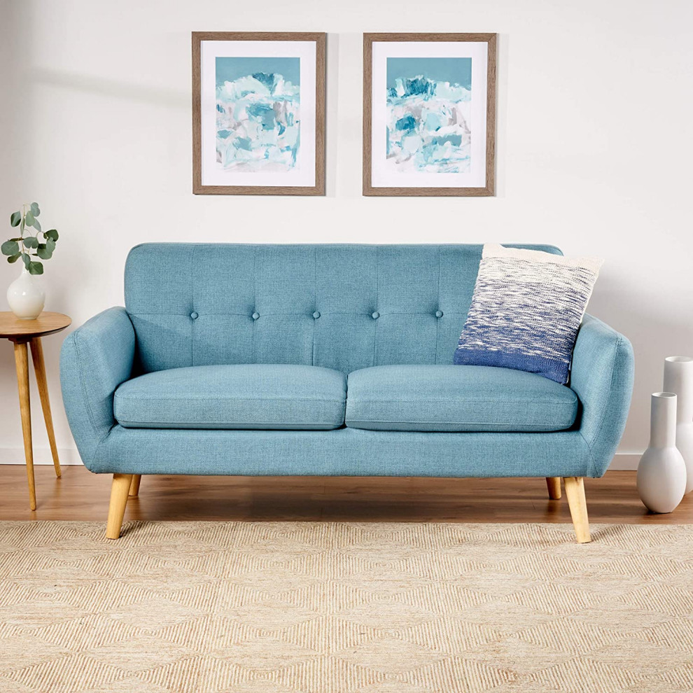 Mid Century Sofa  Angled Legs and Padded Seat With Button Tufted Back  Blue   Transitional   Sofas   by Declusia  Houzz