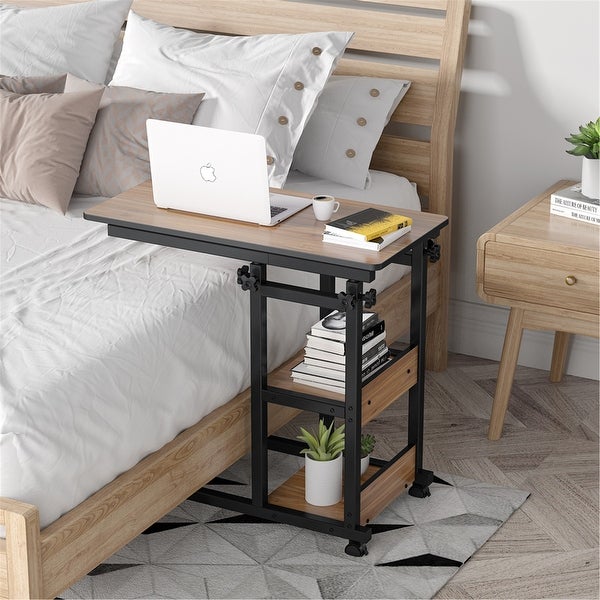 Height Adjustable C Table， Sofa Side Tables， Mobile End Table with Storage Shelves