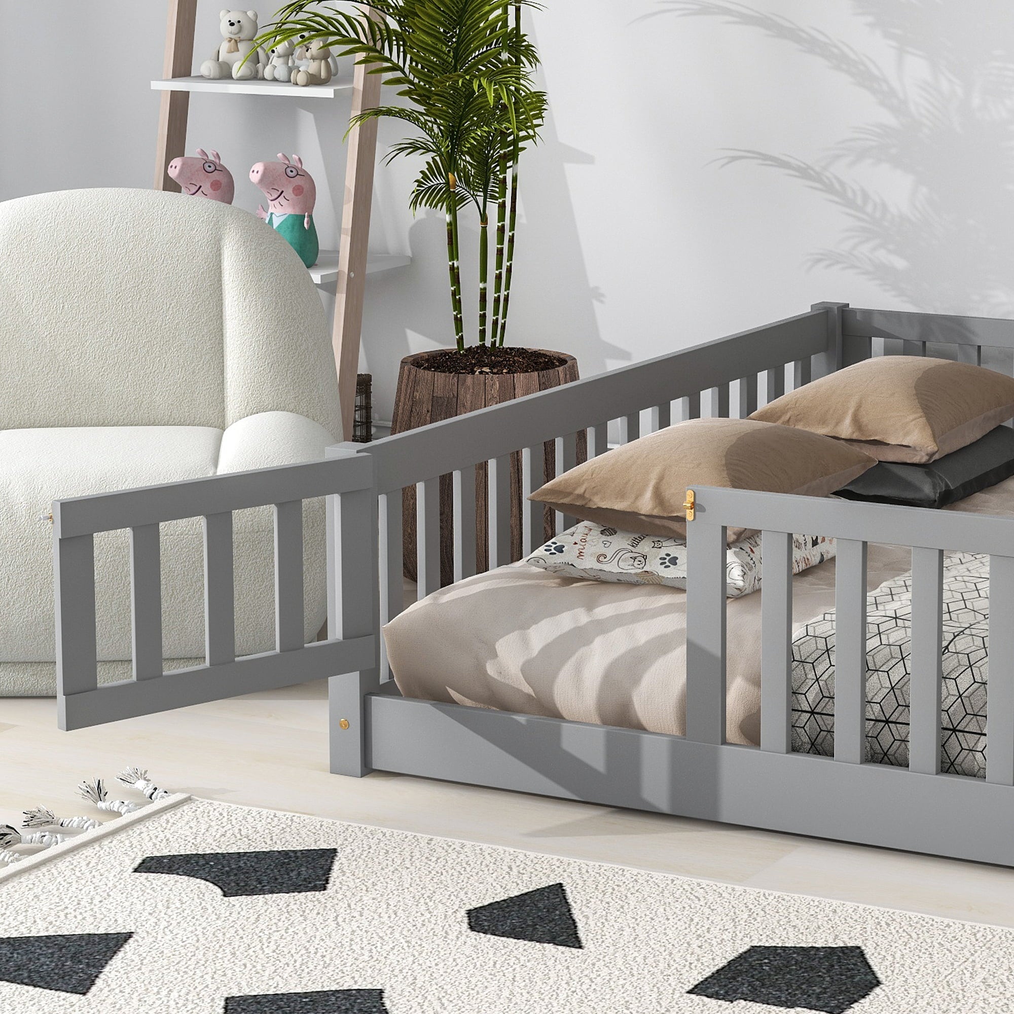 uhomepro Queen Size Wood Floor Bed Frame with Fence and Door for Kids, Toddlers, Gray