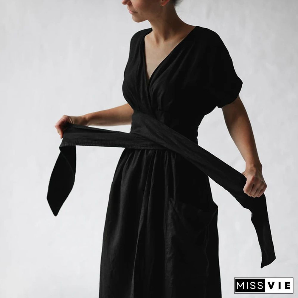 Women's Fashion V Neck Belt High Waist Short Sleeves Cotton- Linen Dress