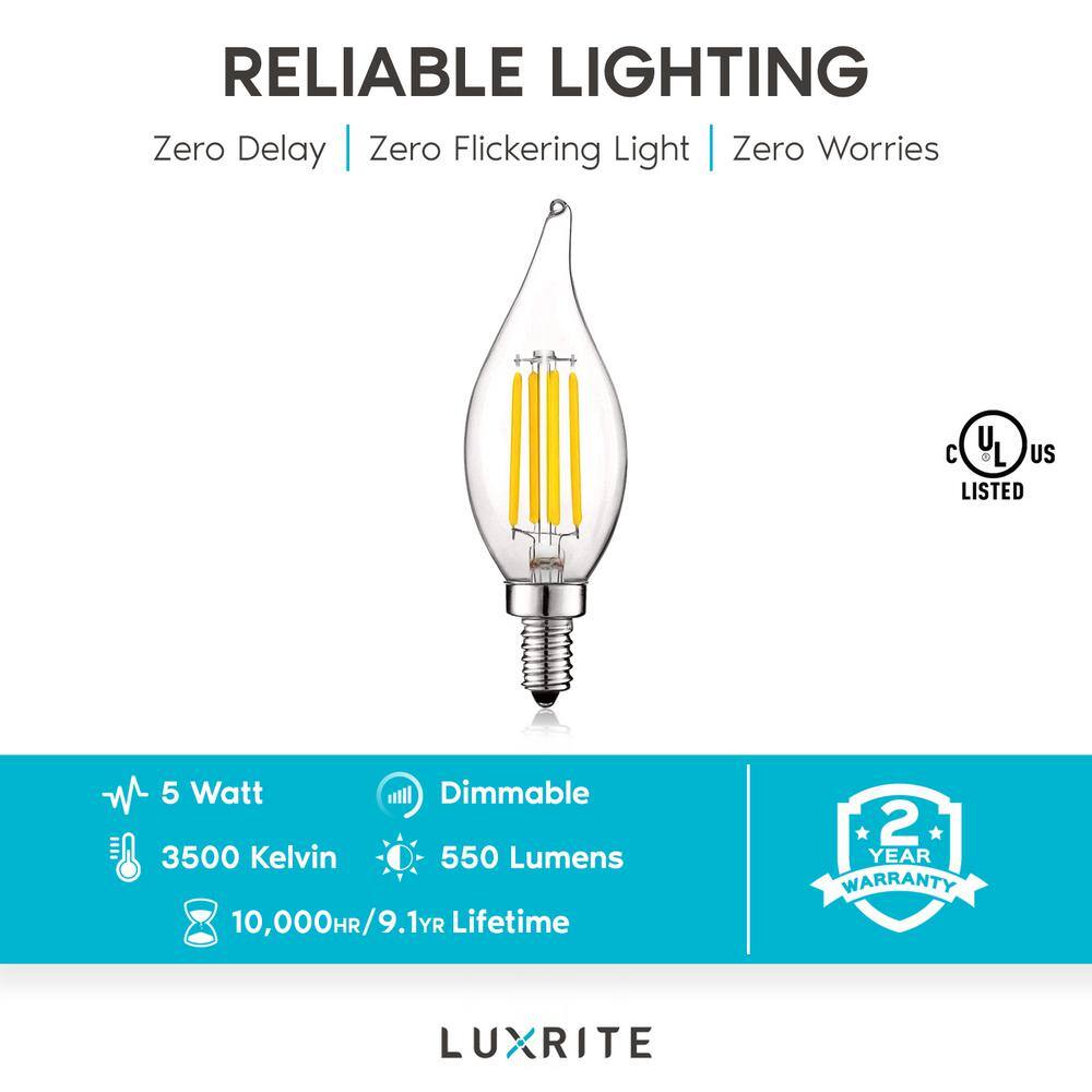 LUXRITE 60-Watt Equivalent 5-Watt E12 Base Chandelier LED Light Bulb 3500K Natural White Dimmable Flame Tip (16-Pack) LR21646-16PK