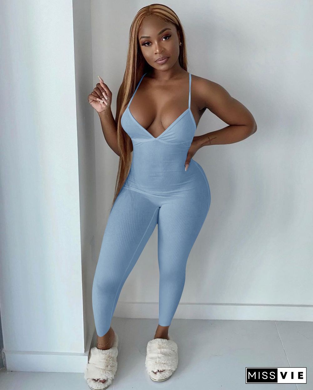 Women Sleeveless V-Neck Solid Ribbed Open Back Cross Summer Activewear Sexy One Piece Jumpsuit