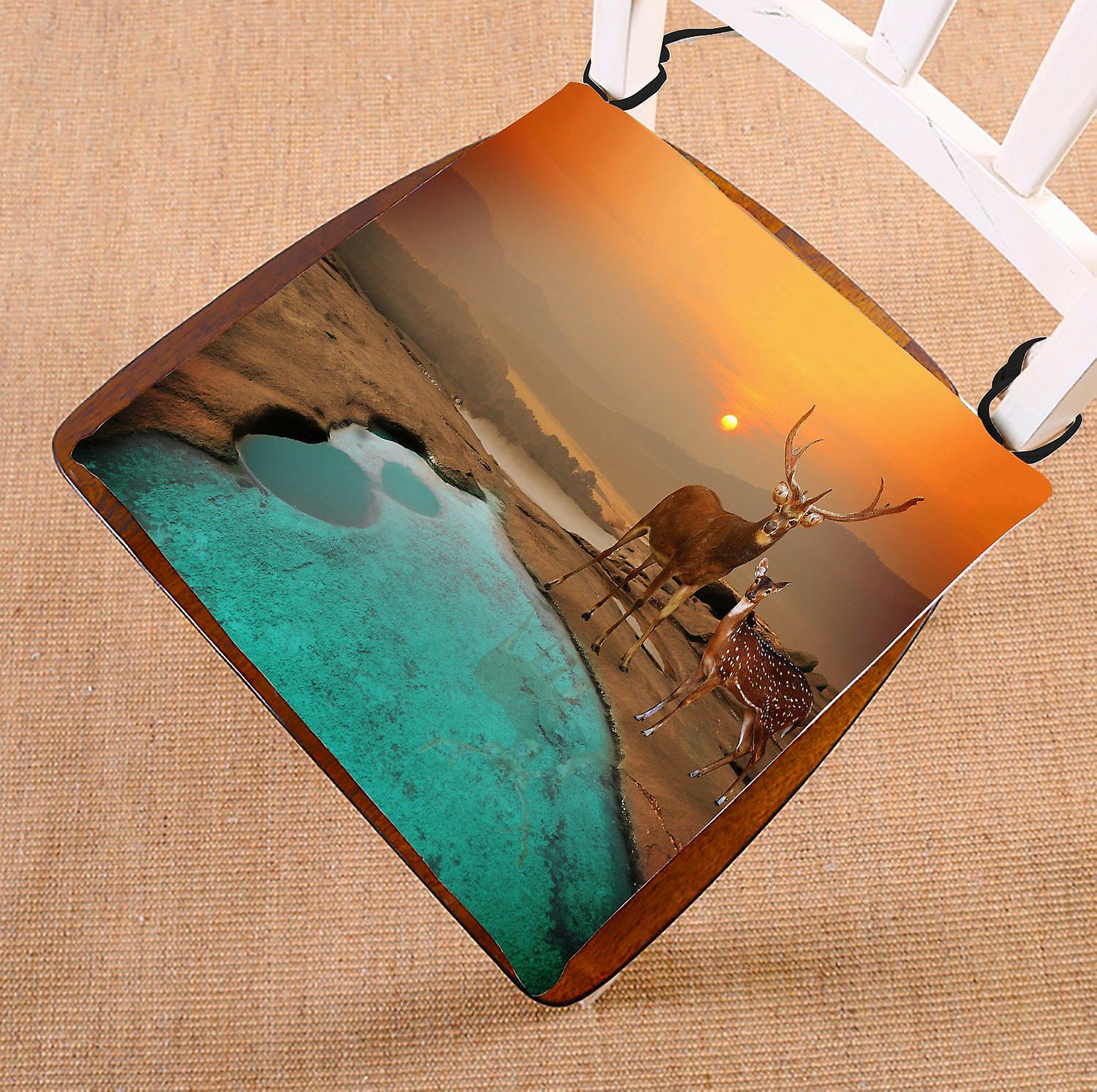 Landscape With River Edge Deer And Sunset Sundown Seat Cushion Chair Cushion Floor Cushion 40x40 Cm