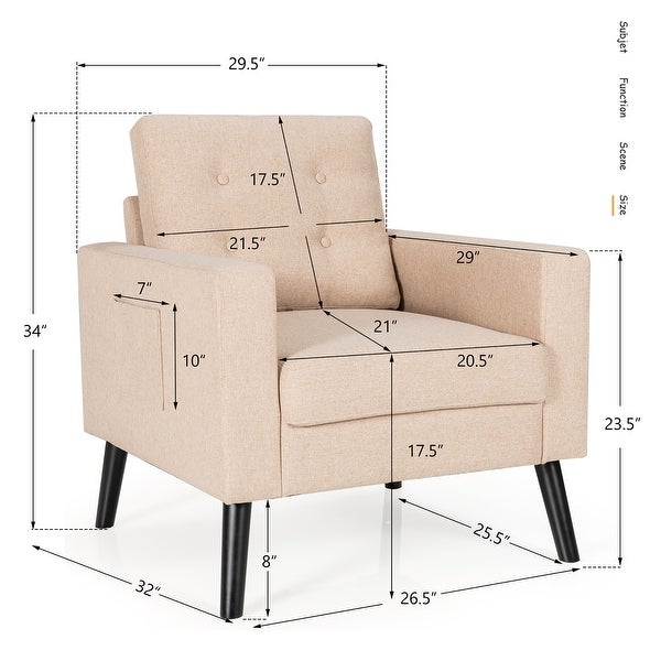 Modern Accent Armchair Upholstered Single Sofa Chair w/ 2-Side Pockets - See Details