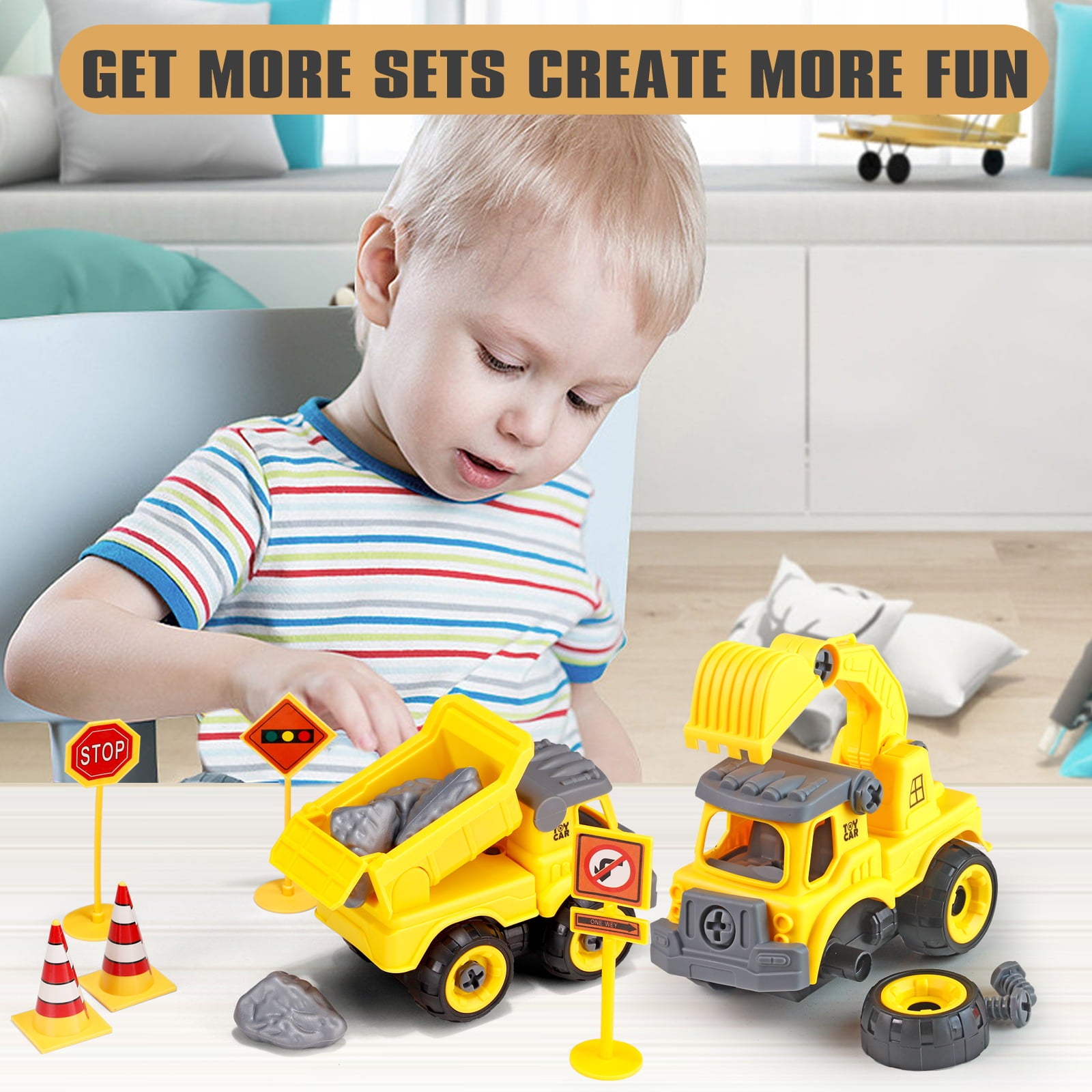 STEM Boy Toys Take Apart Construction Trucks Car Toys with Electric Drill and Map Kids Stem Building Toddler Toy for 3 4 5 6 Year Old Boys