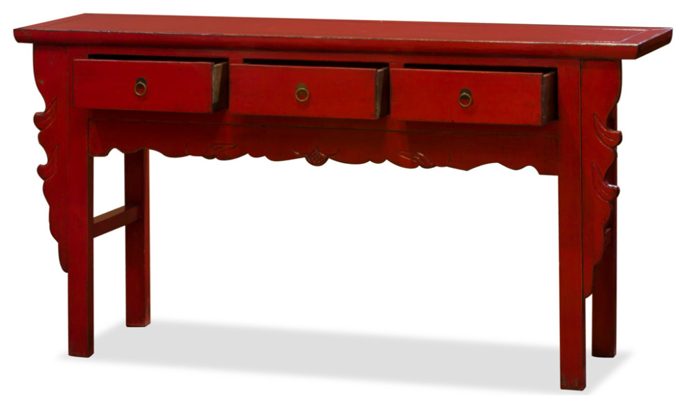 Vintage Distressed Red Elmwood Oriental Console Table with Drawers   Asian   Console Tables   by China Furniture and Arts  Houzz