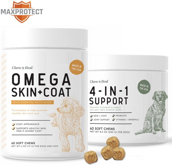 Chew + Heal 4-IN-1 Support Chews Dog Vitamin Supplement and Chew + Heal Omega Skin + Coat Chews Dog Vitamin Supplement， 120 count