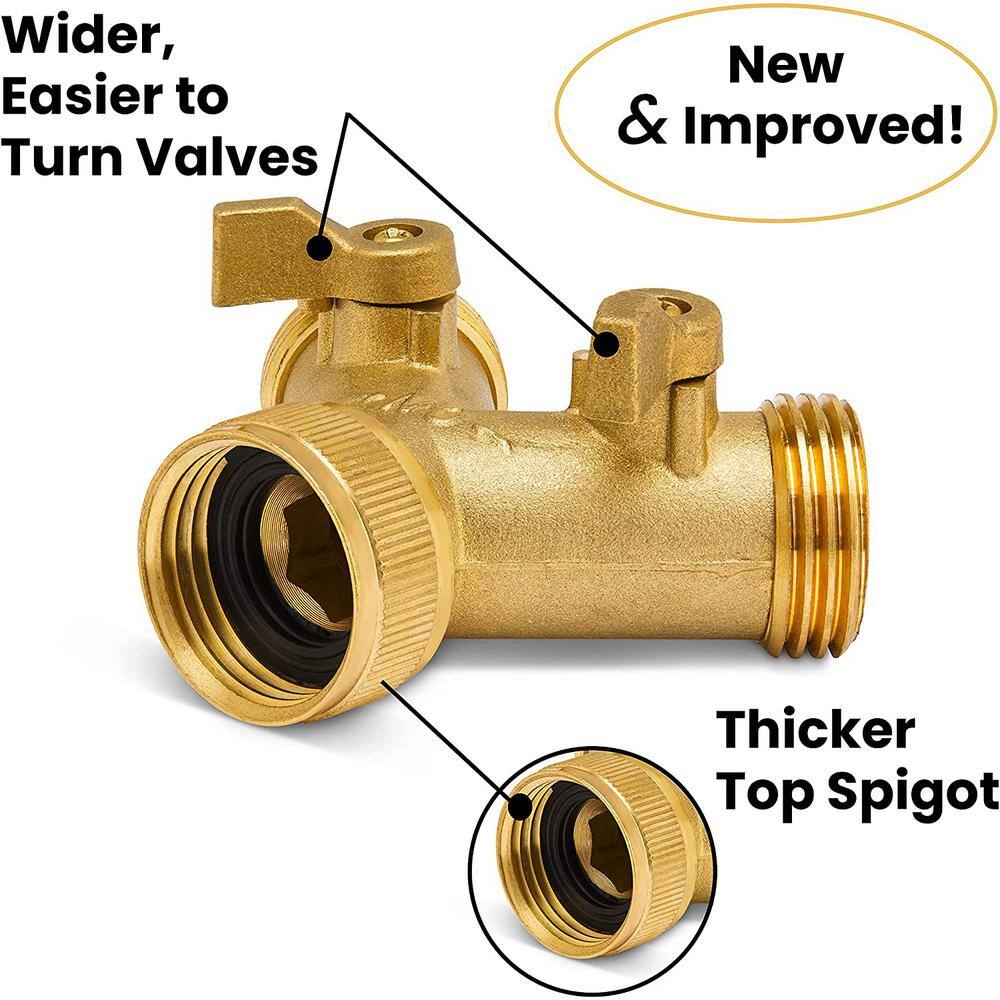 Heavy-Duty Brass Garden Hose Connector (2 Way) Hose Fitting with 2 Valves 8 Rubber Washers and Tape (4-Pack) B076VM93DP