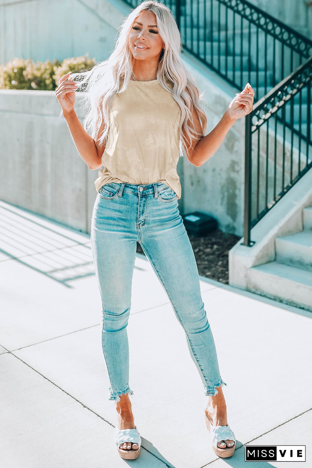 Khaki Tie Dye Print Seamed Crew Neck Tank Top