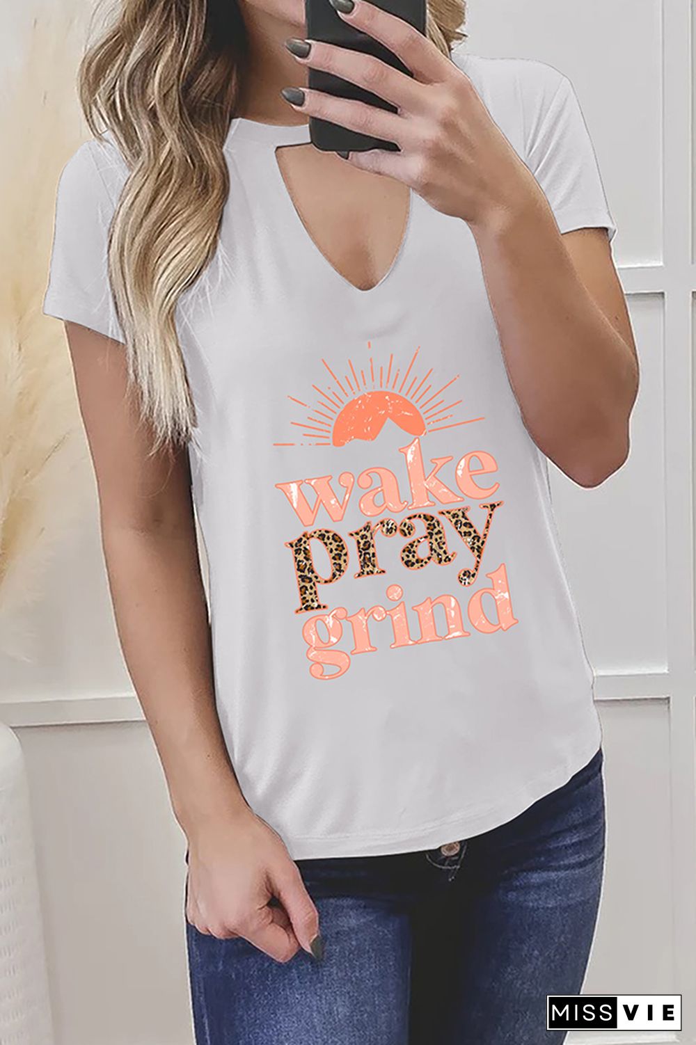 Wake Pray Grind Leopard Graphic Tees for Women Wholesale Short Sleeve T shirts Top