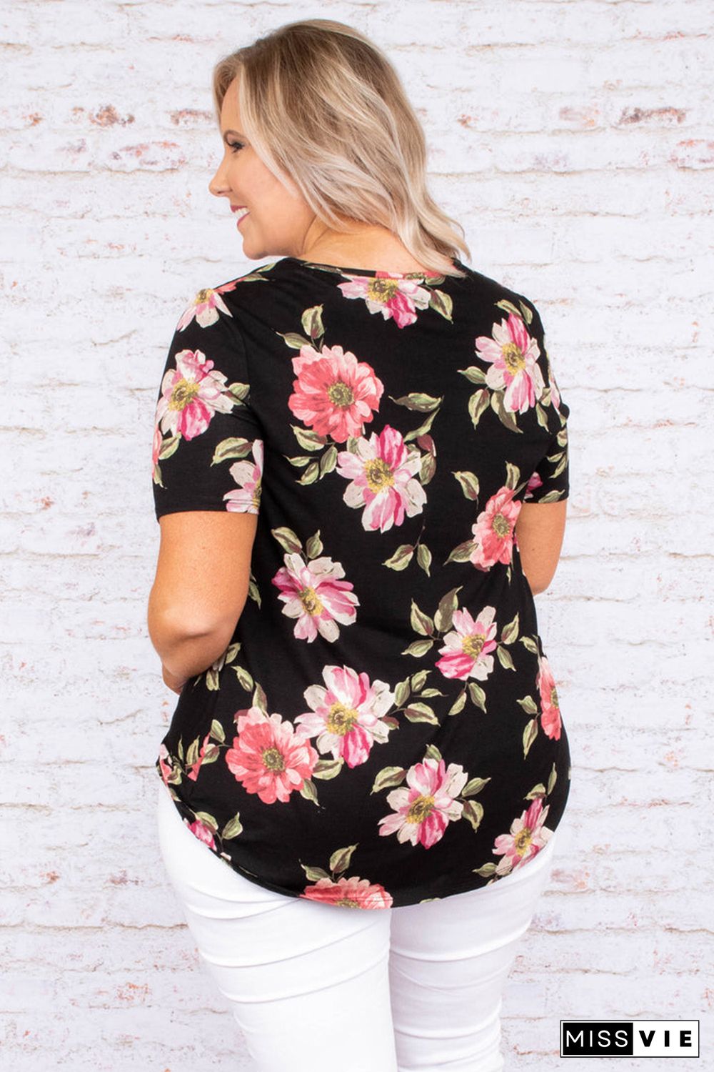 Black Plus Size Floral Print Twist Knot Top