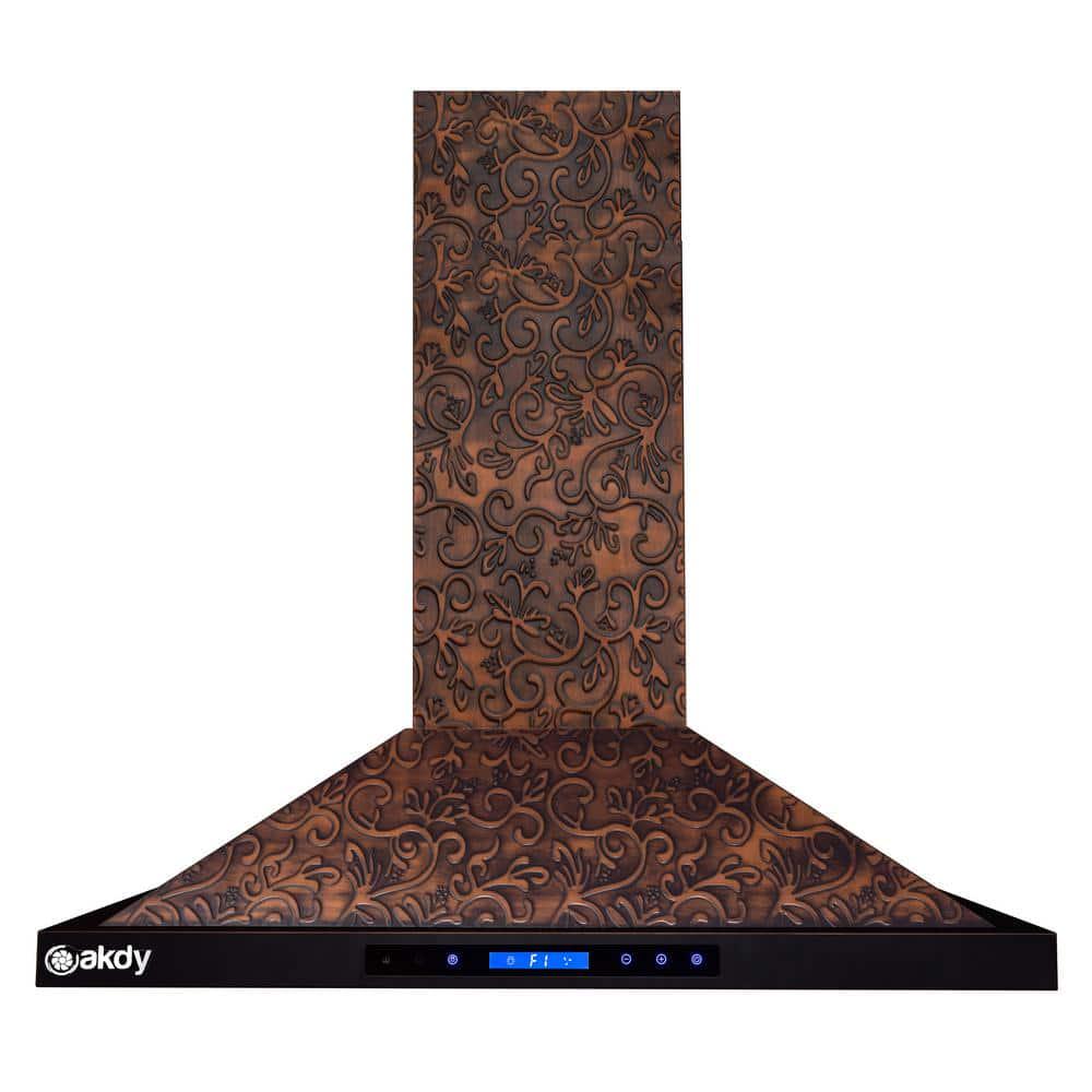 AKDY 36 in Convertible Island Mount in Embossed Copper Vine Design Kitchen Range Hood with Lights