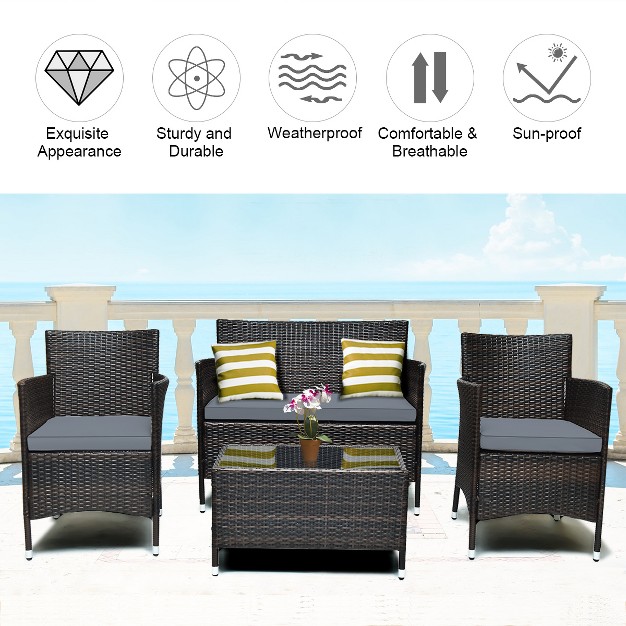 Costway 4 Pcs Outdoor Patio Rattan Furniture Set Table Shelf Sofa W Gray Cushions