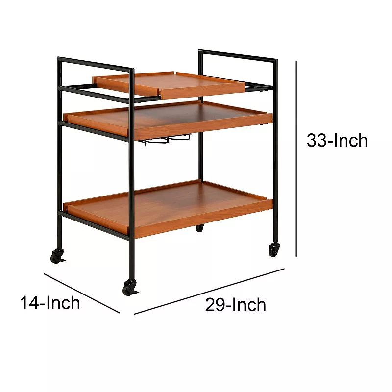 Metal Frame Serving Cart with Adjustable Compartments， Oak Brown and Black